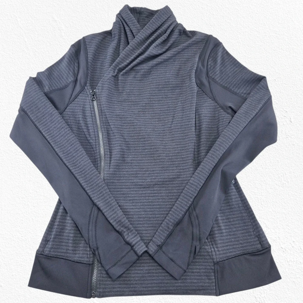 Lululemon Gray Microstripe Scuba Funnel Neck Asymmetrical Zip Wrap Jacket Size 6